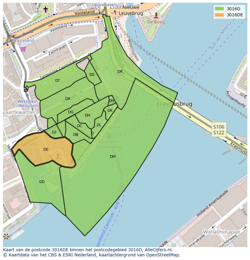Afbeelding van het postcodegebied 3016 DE op de kaart.