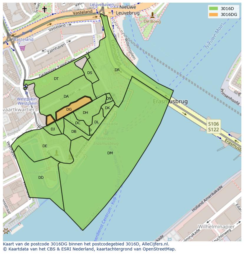 Afbeelding van het postcodegebied 3016 DG op de kaart.