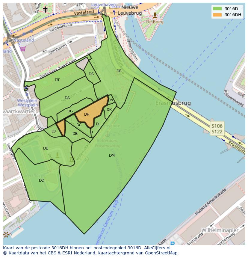 Afbeelding van het postcodegebied 3016 DH op de kaart.