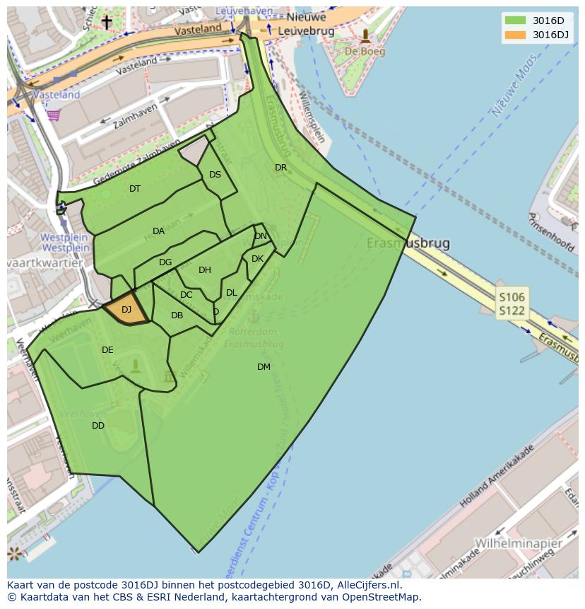 Afbeelding van het postcodegebied 3016 DJ op de kaart.