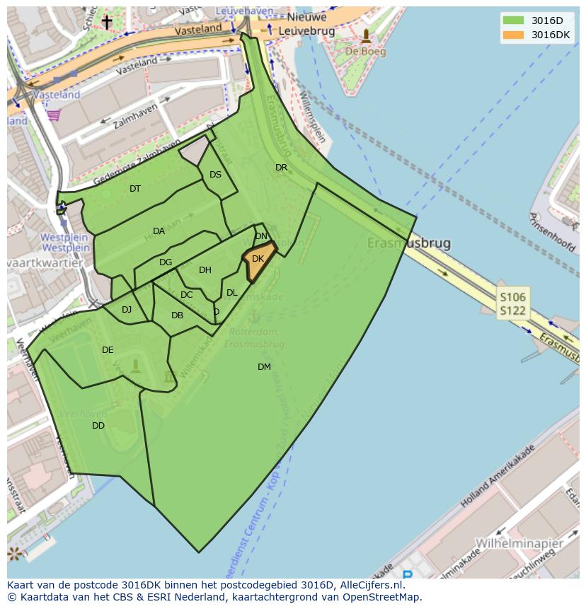 Afbeelding van het postcodegebied 3016 DK op de kaart.