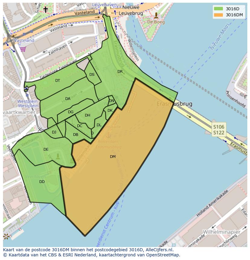 Afbeelding van het postcodegebied 3016 DM op de kaart.