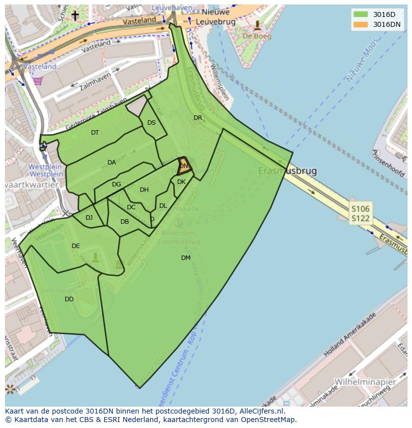 Afbeelding van het postcodegebied 3016 DN op de kaart.