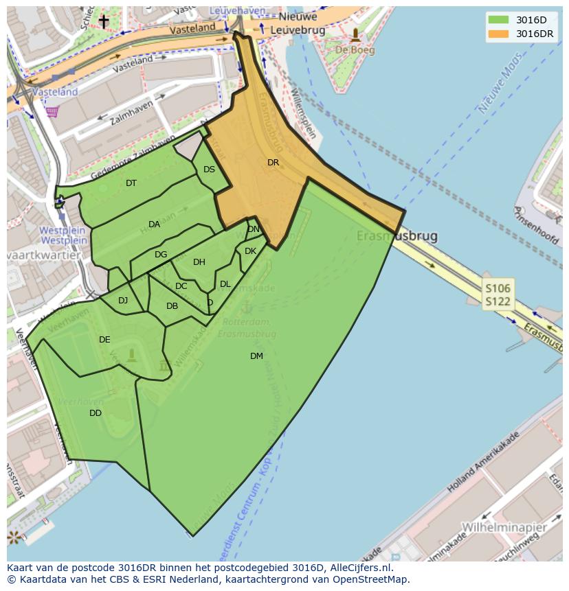Afbeelding van het postcodegebied 3016 DR op de kaart.