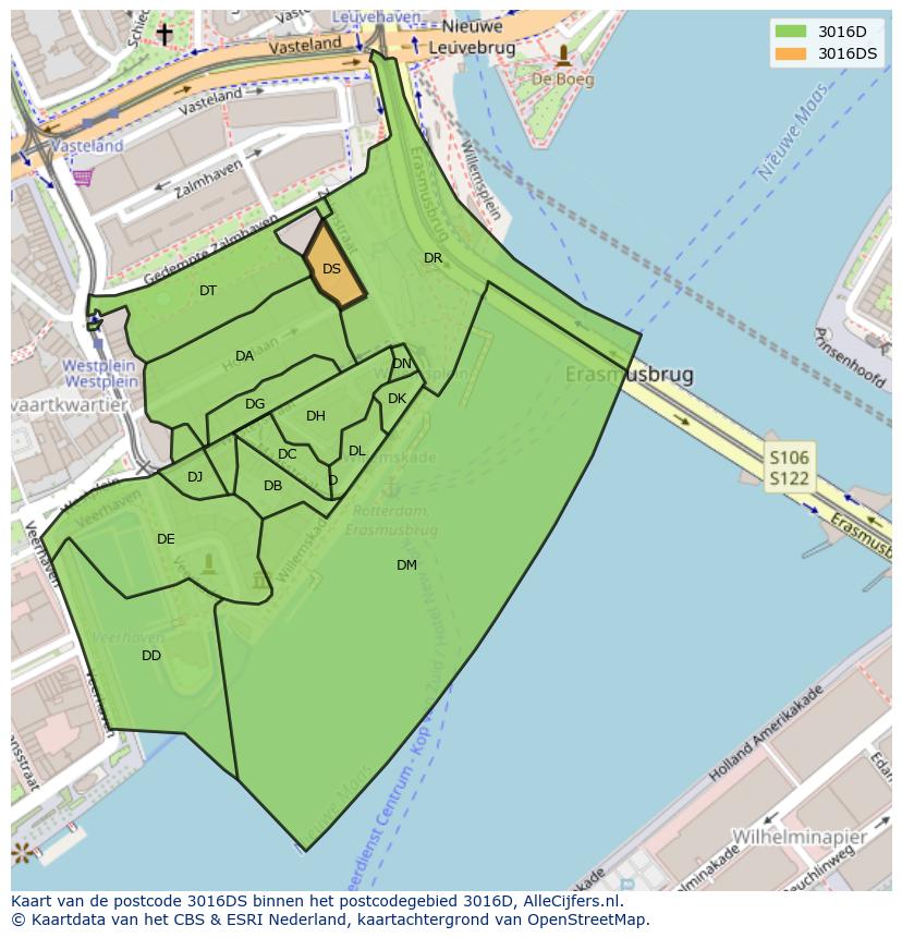 Afbeelding van het postcodegebied 3016 DS op de kaart.