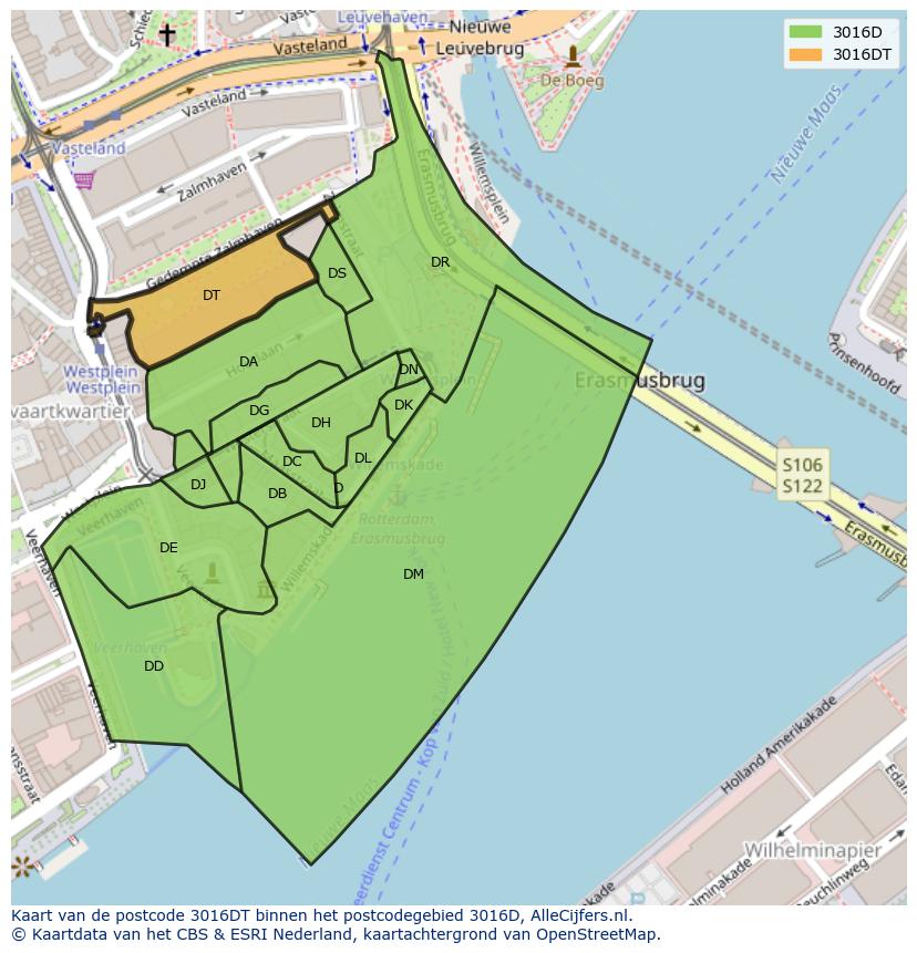 Afbeelding van het postcodegebied 3016 DT op de kaart.