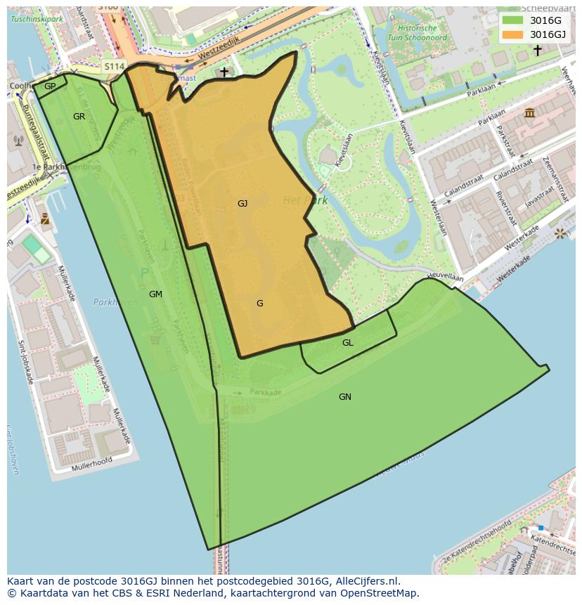 Afbeelding van het postcodegebied 3016 GJ op de kaart.