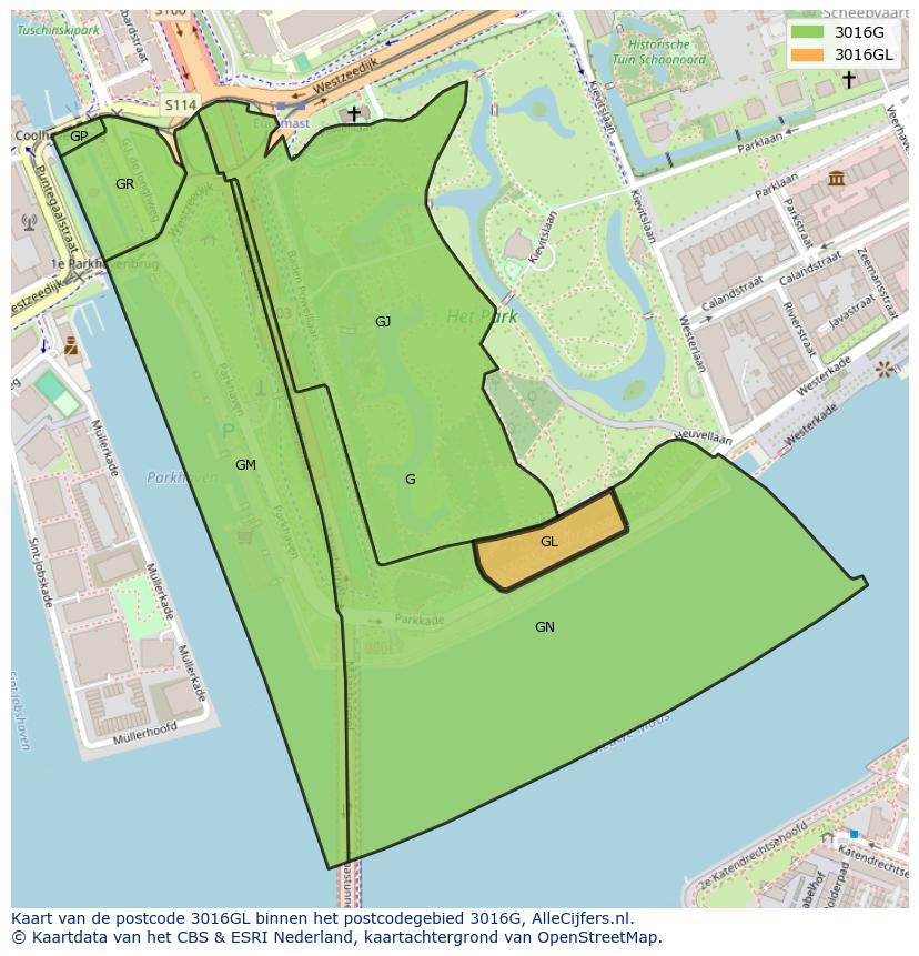 Afbeelding van het postcodegebied 3016 GL op de kaart.