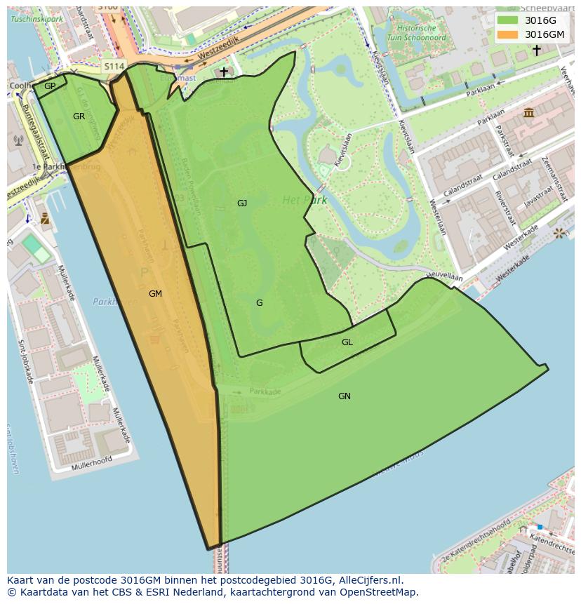 Afbeelding van het postcodegebied 3016 GM op de kaart.