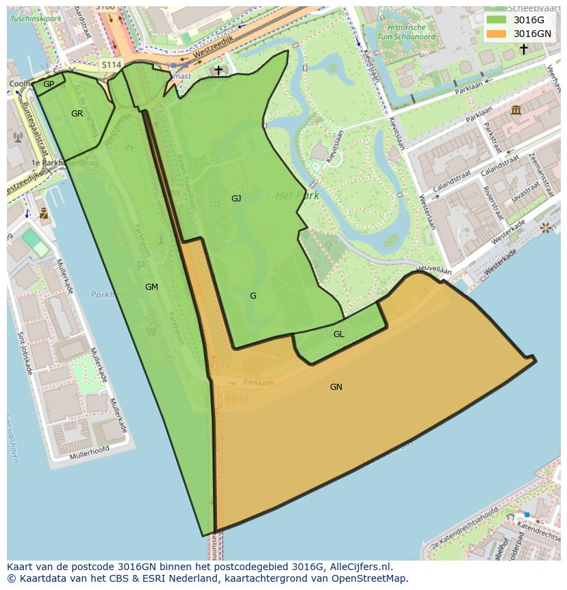 Afbeelding van het postcodegebied 3016 GN op de kaart.