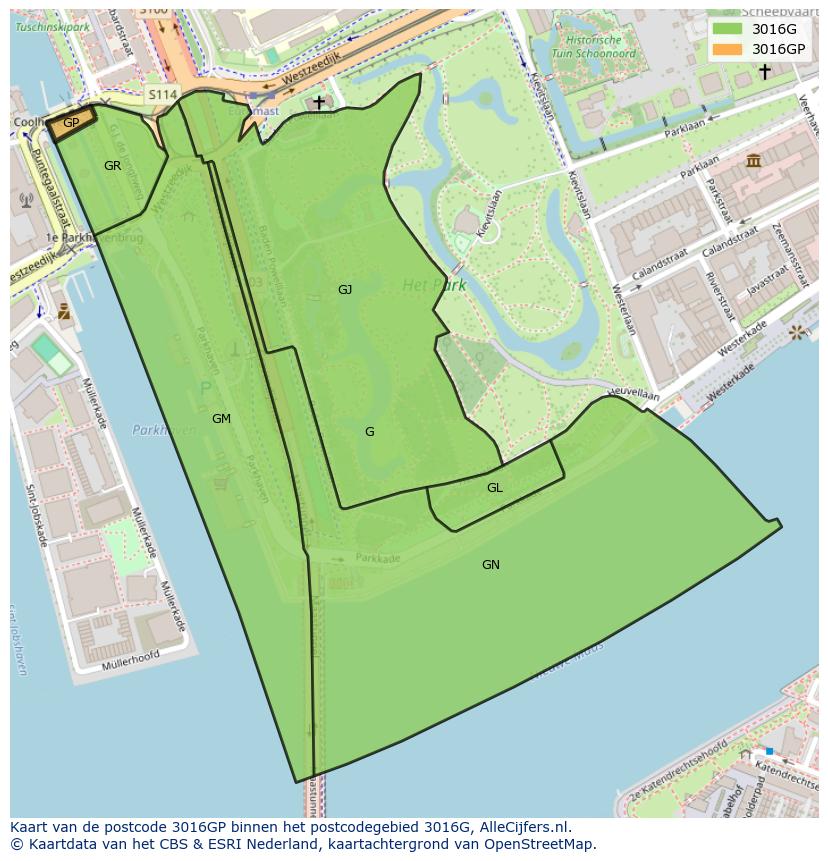 Afbeelding van het postcodegebied 3016 GP op de kaart.