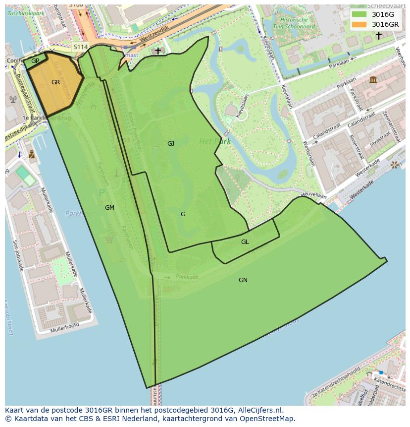 Afbeelding van het postcodegebied 3016 GR op de kaart.