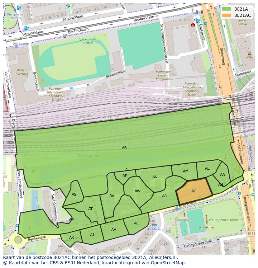 Afbeelding van het postcodegebied 3021 AC op de kaart.