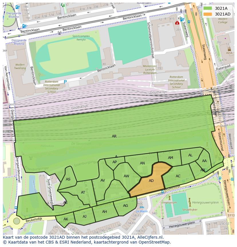 Afbeelding van het postcodegebied 3021 AD op de kaart.