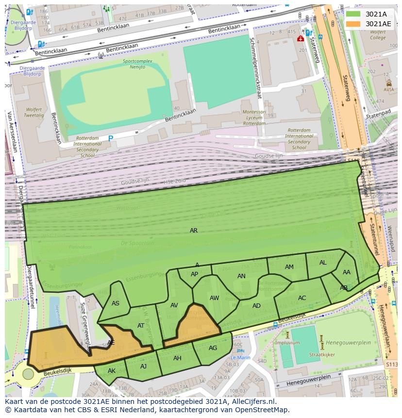 Afbeelding van het postcodegebied 3021 AE op de kaart.