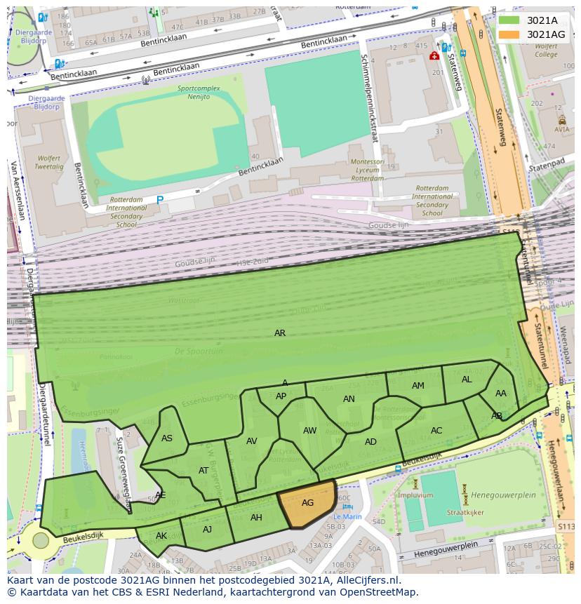 Afbeelding van het postcodegebied 3021 AG op de kaart.