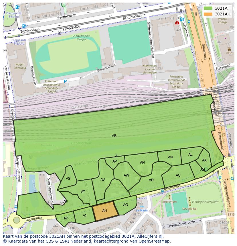 Afbeelding van het postcodegebied 3021 AH op de kaart.