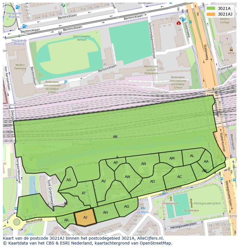 Afbeelding van het postcodegebied 3021 AJ op de kaart.