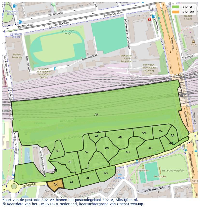Afbeelding van het postcodegebied 3021 AK op de kaart.
