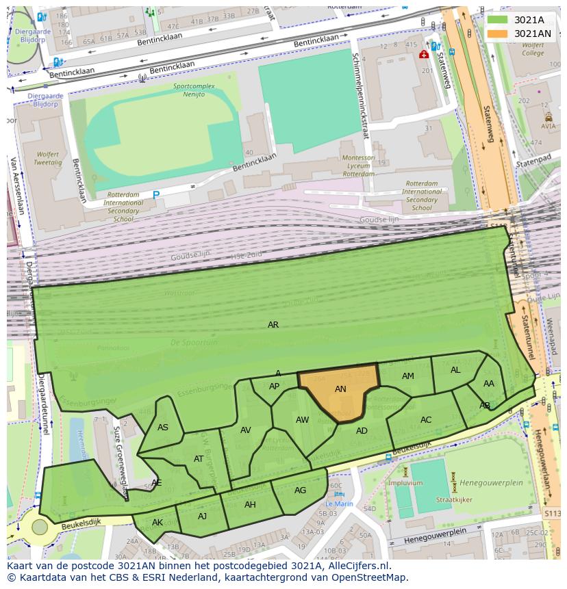 Afbeelding van het postcodegebied 3021 AN op de kaart.
