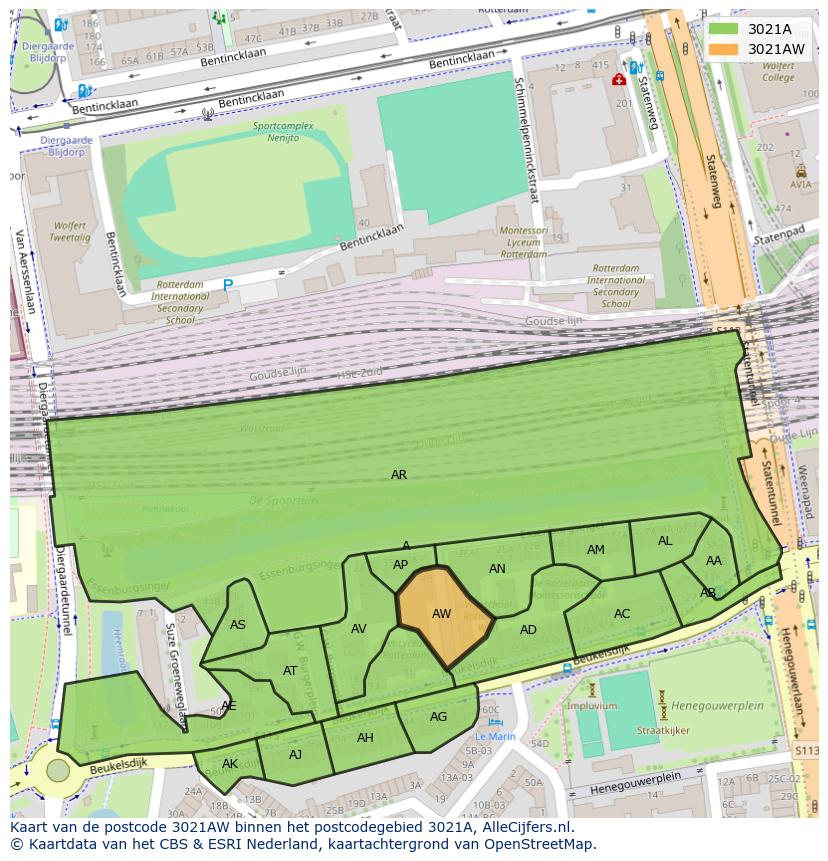 Afbeelding van het postcodegebied 3021 AW op de kaart.