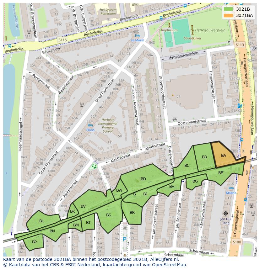 Afbeelding van het postcodegebied 3021 BA op de kaart.