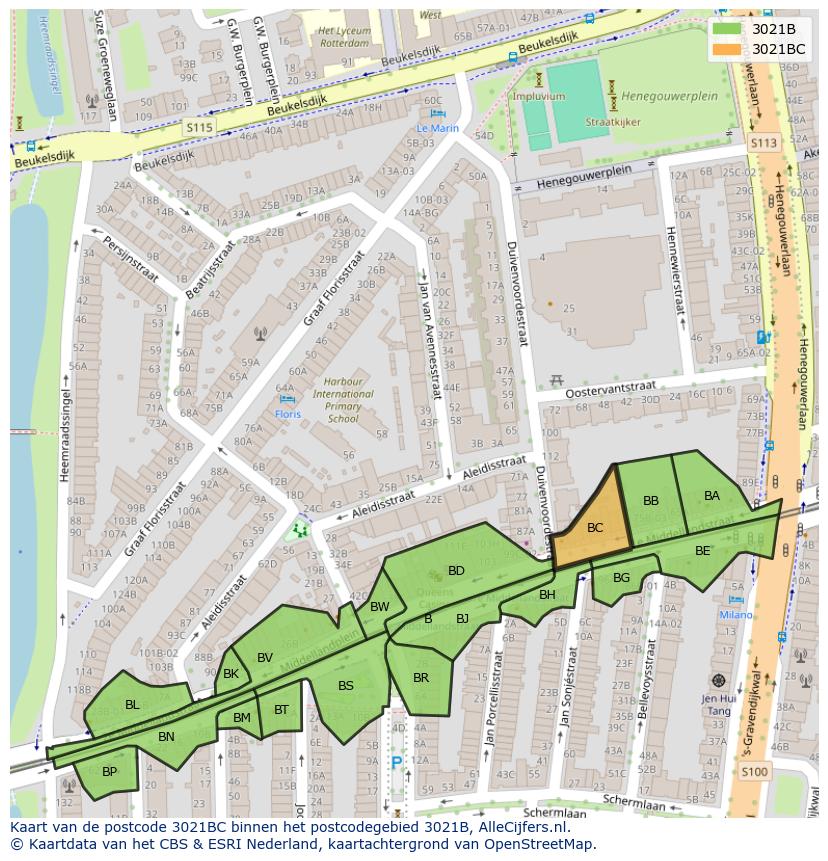 Afbeelding van het postcodegebied 3021 BC op de kaart.