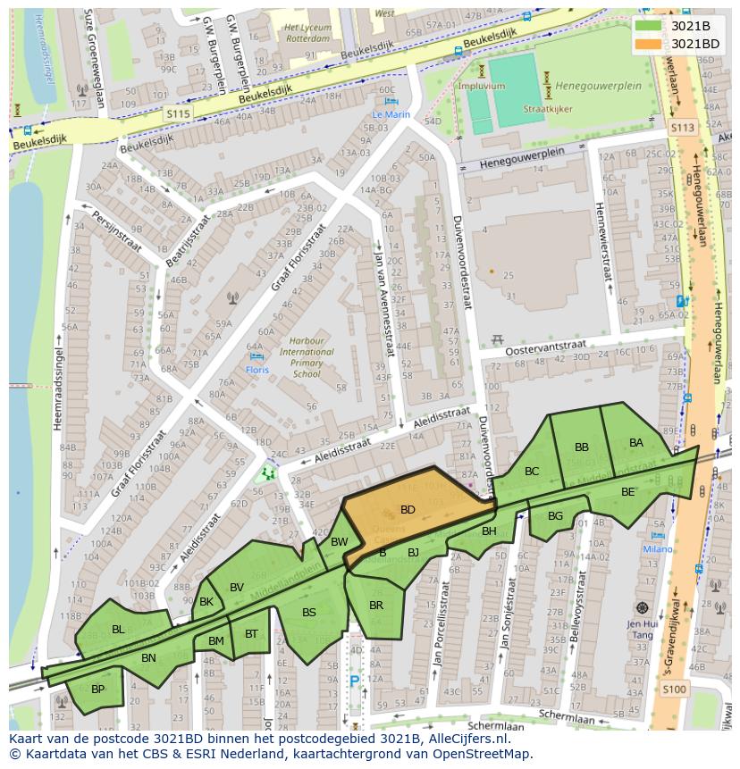 Afbeelding van het postcodegebied 3021 BD op de kaart.