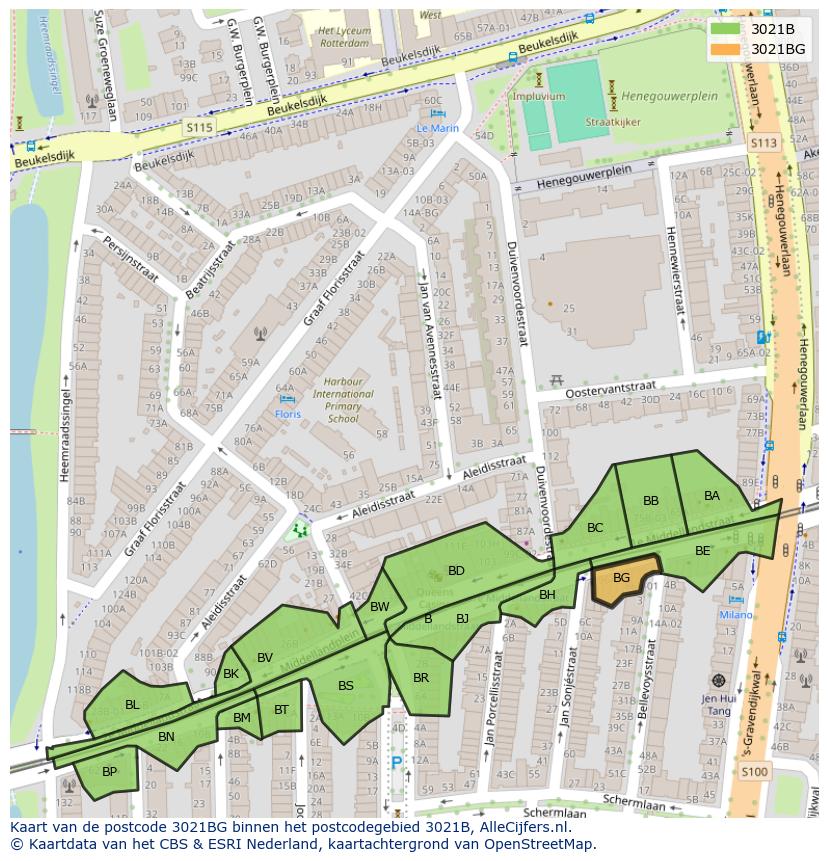 Afbeelding van het postcodegebied 3021 BG op de kaart.