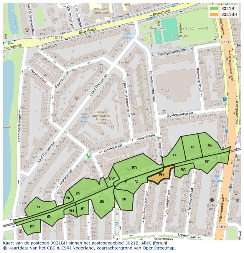 Afbeelding van het postcodegebied 3021 BH op de kaart.