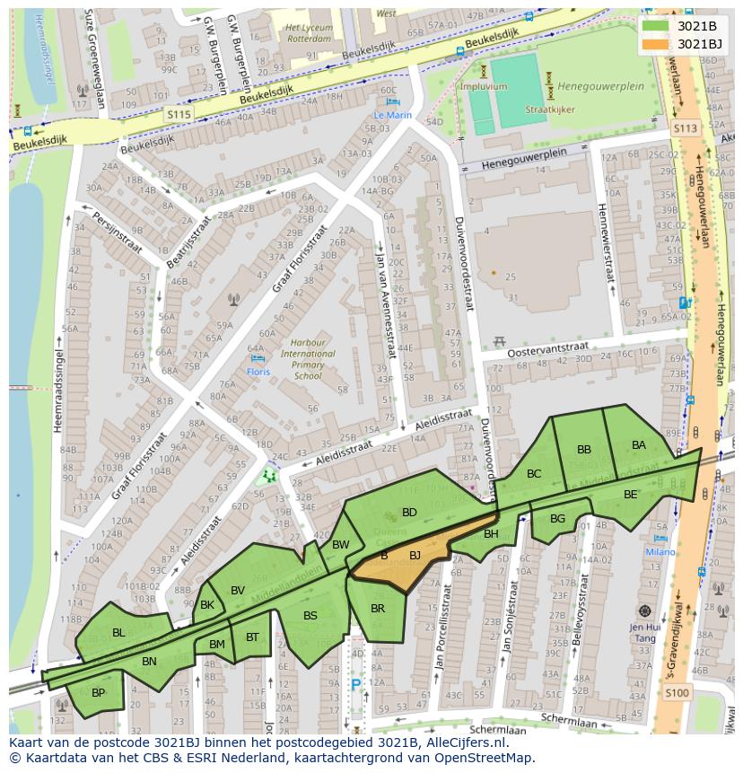 Afbeelding van het postcodegebied 3021 BJ op de kaart.