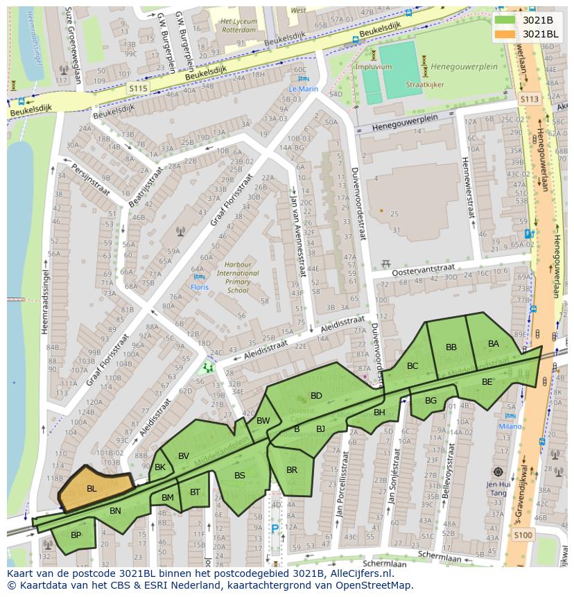 Afbeelding van het postcodegebied 3021 BL op de kaart.