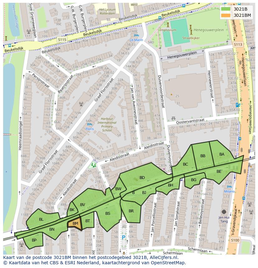 Afbeelding van het postcodegebied 3021 BM op de kaart.