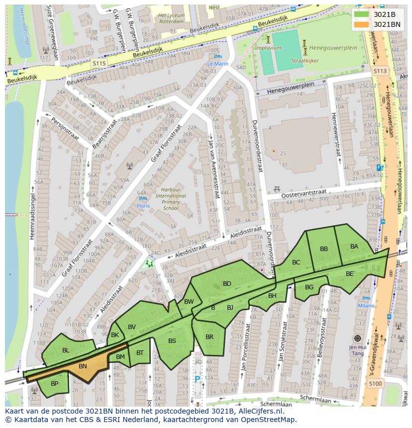 Afbeelding van het postcodegebied 3021 BN op de kaart.