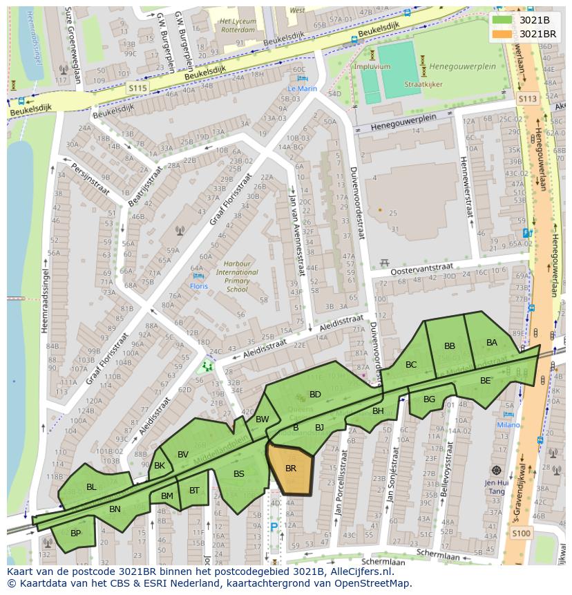 Afbeelding van het postcodegebied 3021 BR op de kaart.