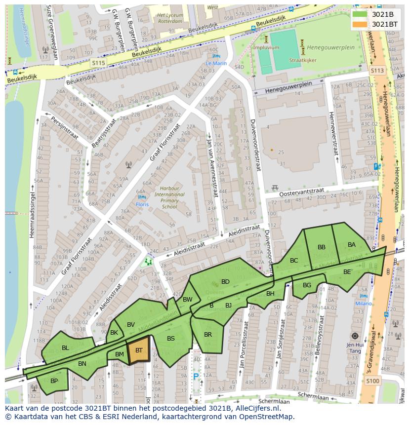 Afbeelding van het postcodegebied 3021 BT op de kaart.