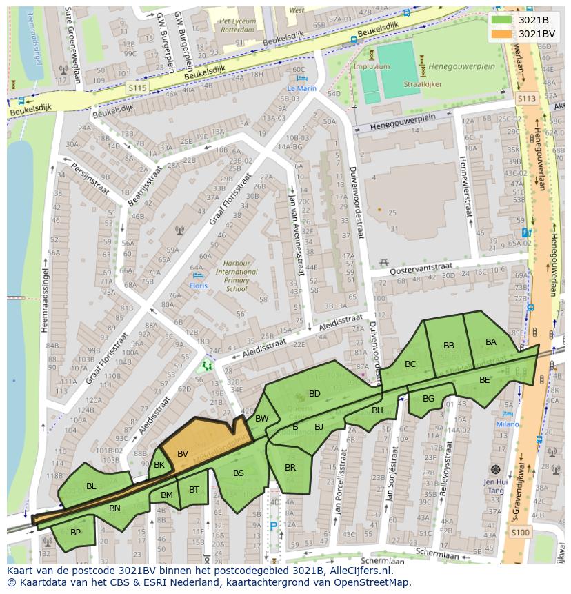 Afbeelding van het postcodegebied 3021 BV op de kaart.
