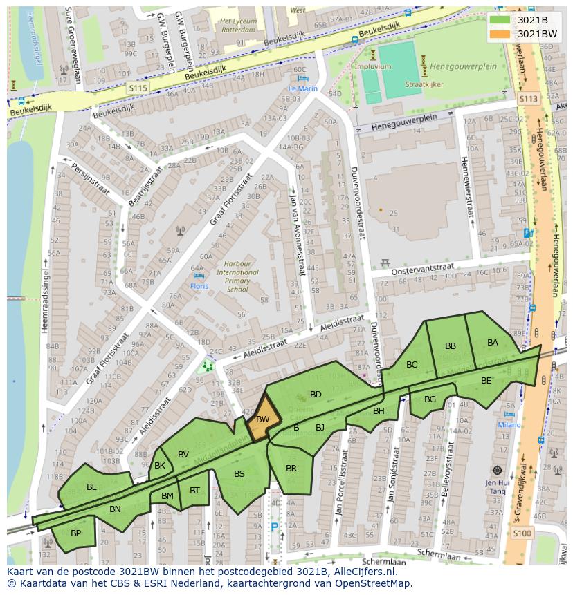 Afbeelding van het postcodegebied 3021 BW op de kaart.