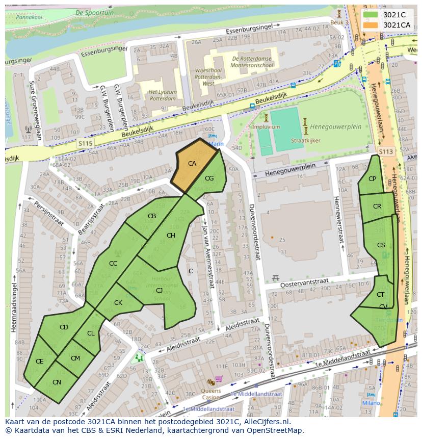 Afbeelding van het postcodegebied 3021 CA op de kaart.