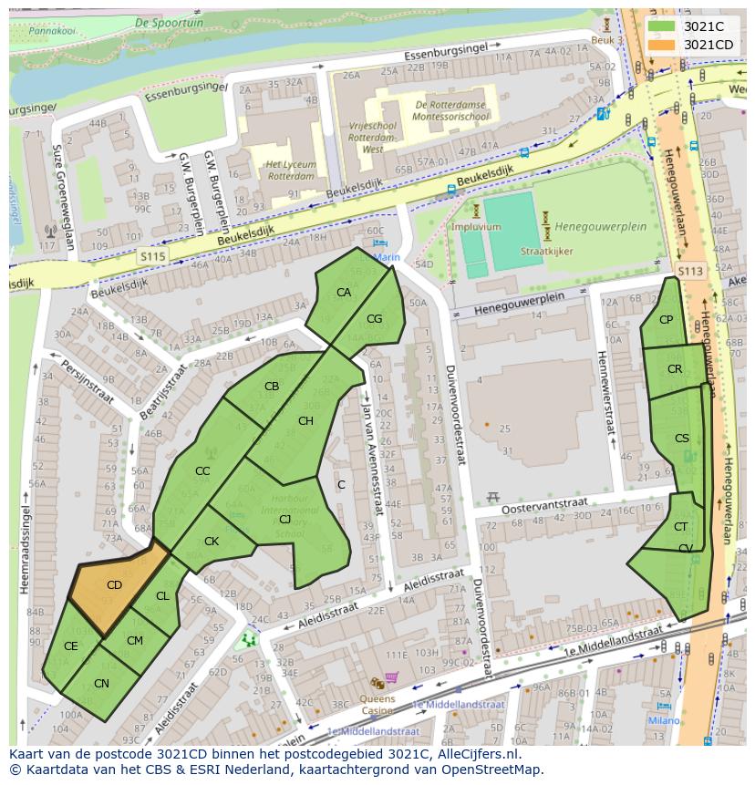 Afbeelding van het postcodegebied 3021 CD op de kaart.