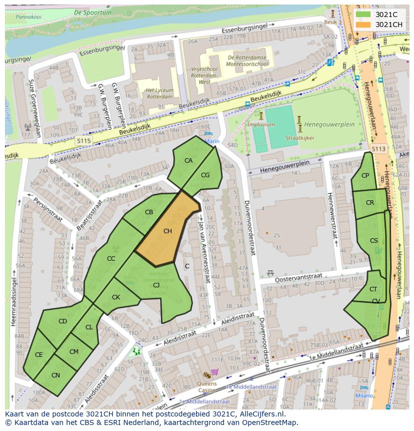 Afbeelding van het postcodegebied 3021 CH op de kaart.