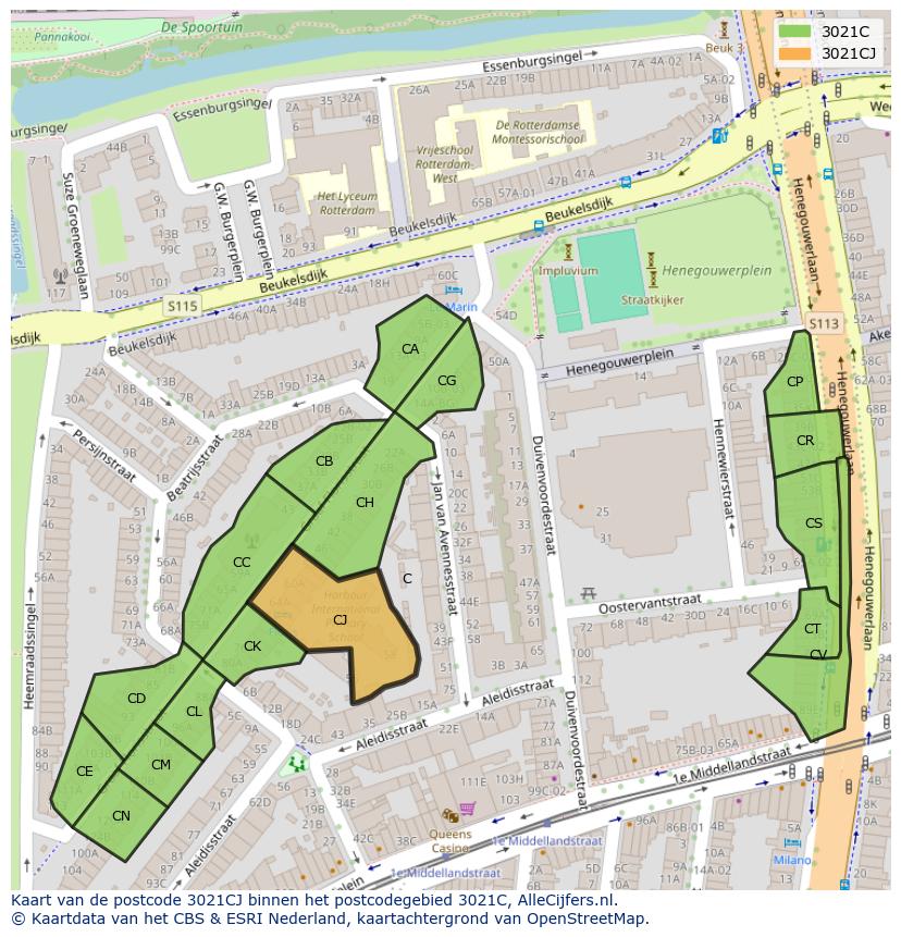 Afbeelding van het postcodegebied 3021 CJ op de kaart.