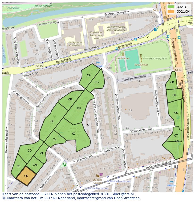 Afbeelding van het postcodegebied 3021 CN op de kaart.