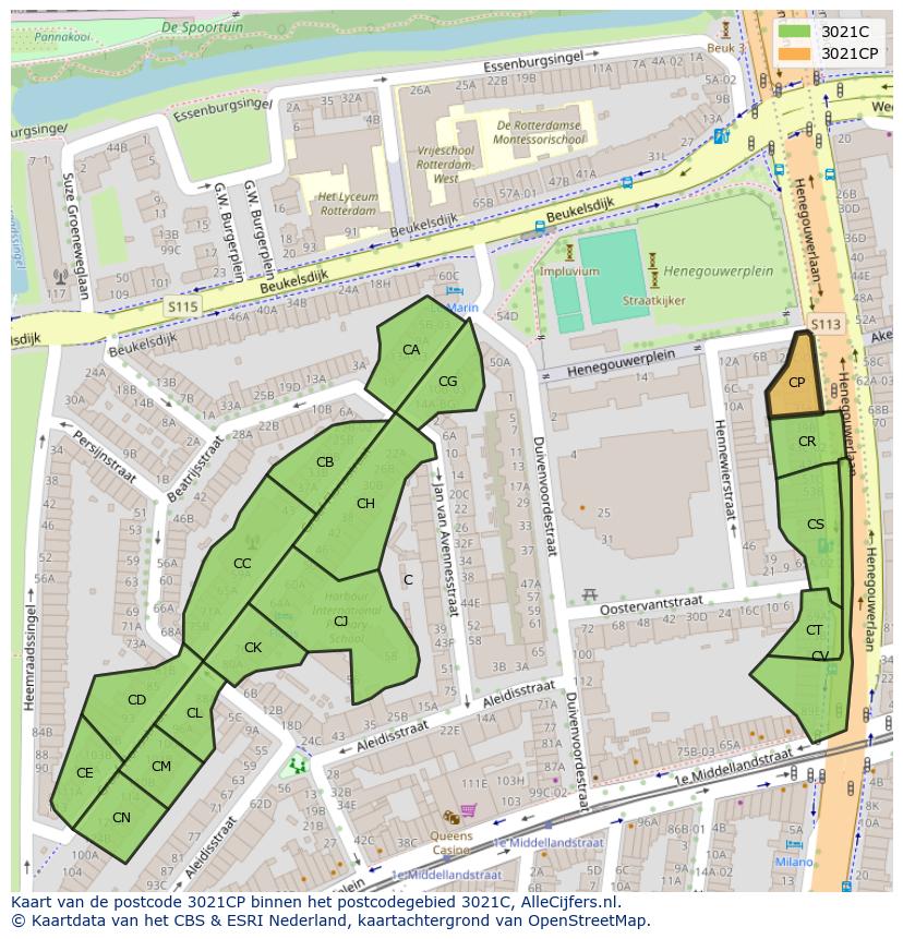Afbeelding van het postcodegebied 3021 CP op de kaart.