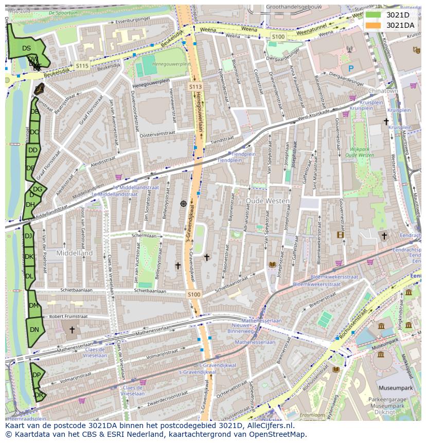 Afbeelding van het postcodegebied 3021 DA op de kaart.