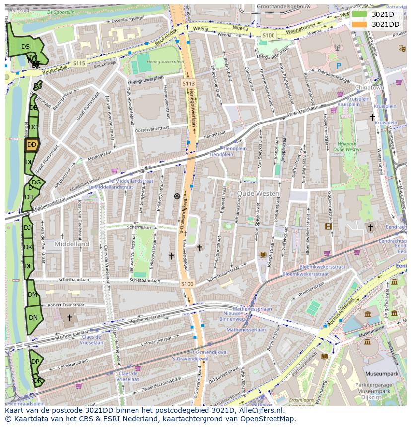 Afbeelding van het postcodegebied 3021 DD op de kaart.