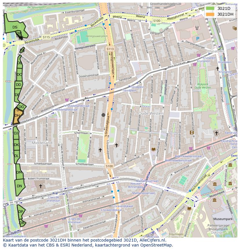 Afbeelding van het postcodegebied 3021 DH op de kaart.