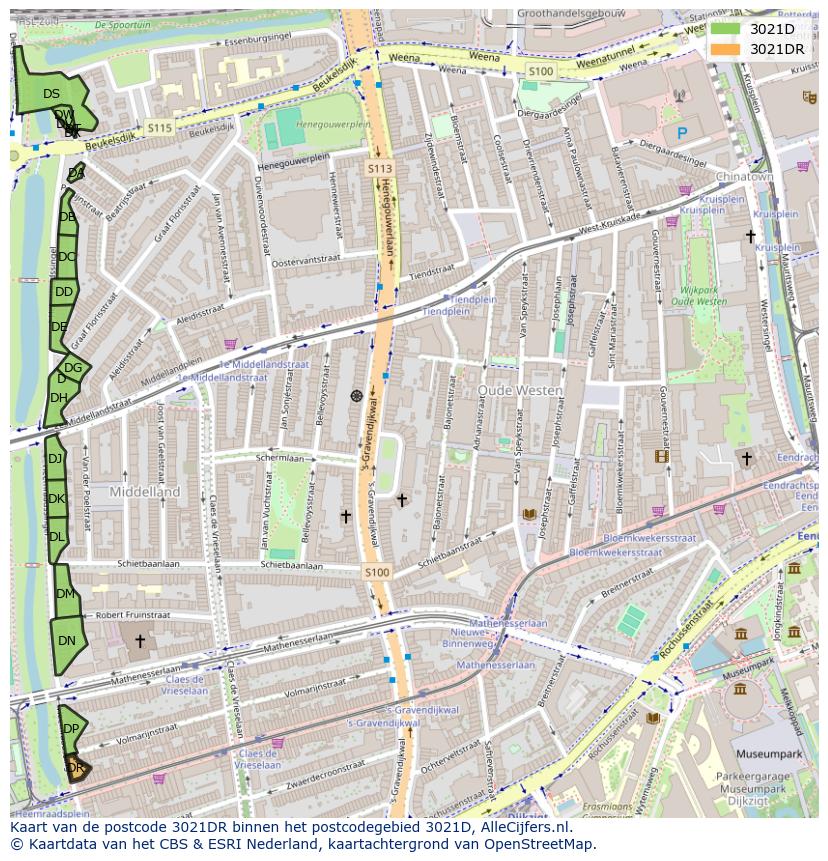 Afbeelding van het postcodegebied 3021 DR op de kaart.