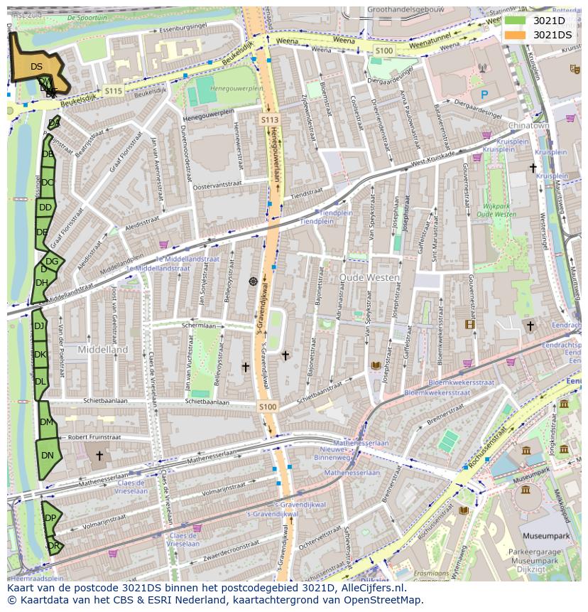 Afbeelding van het postcodegebied 3021 DS op de kaart.
