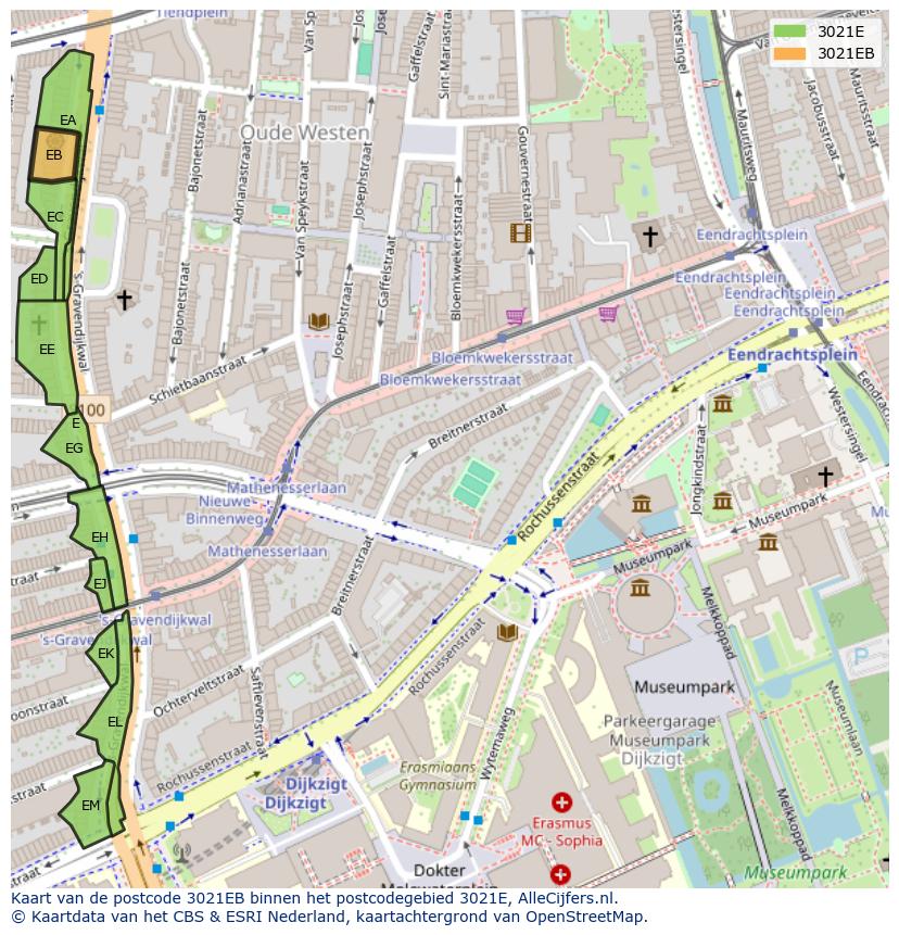 Afbeelding van het postcodegebied 3021 EB op de kaart.
